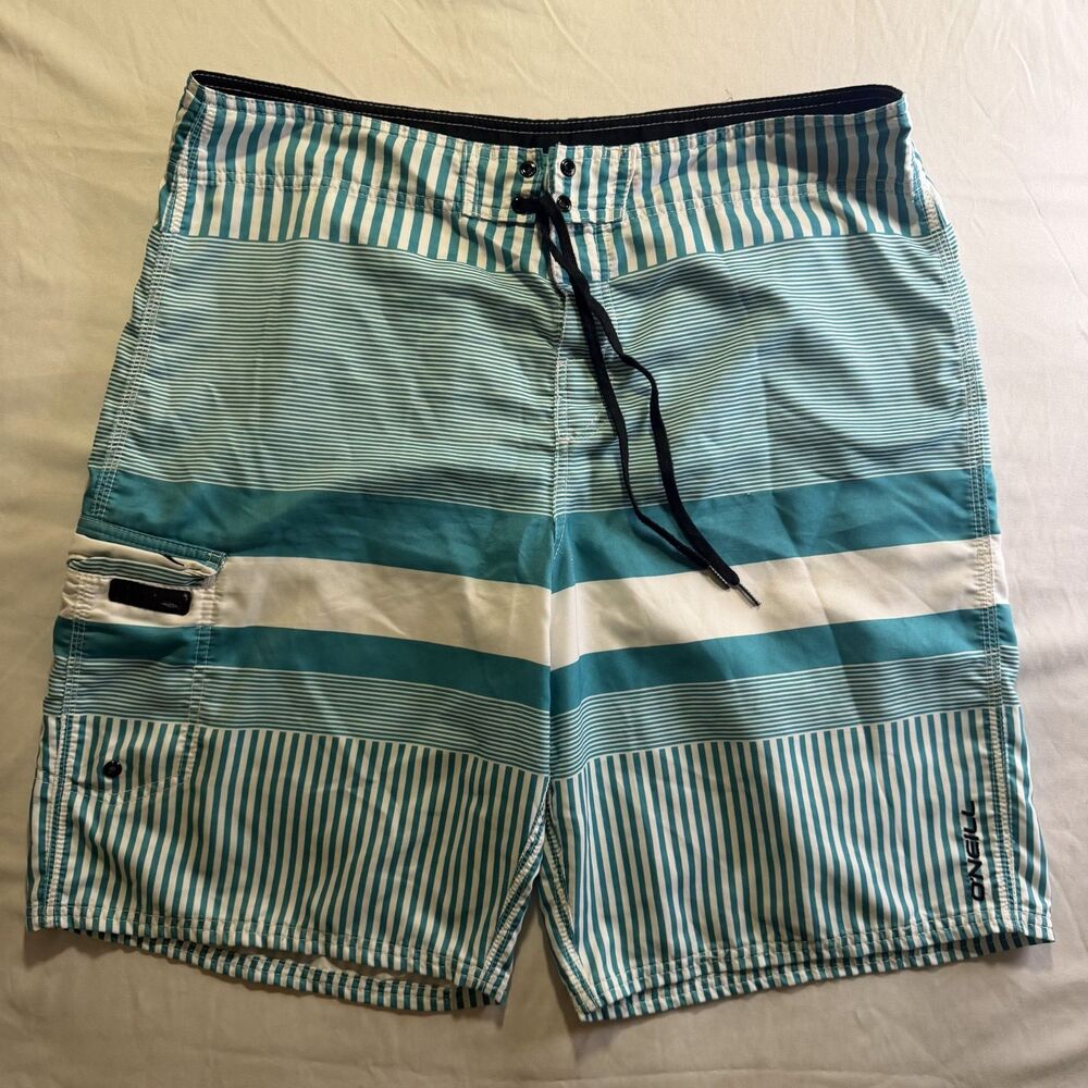 O'Neill Men’s Board Shorts Blue White Striped Surf Swim Trunks Size 36